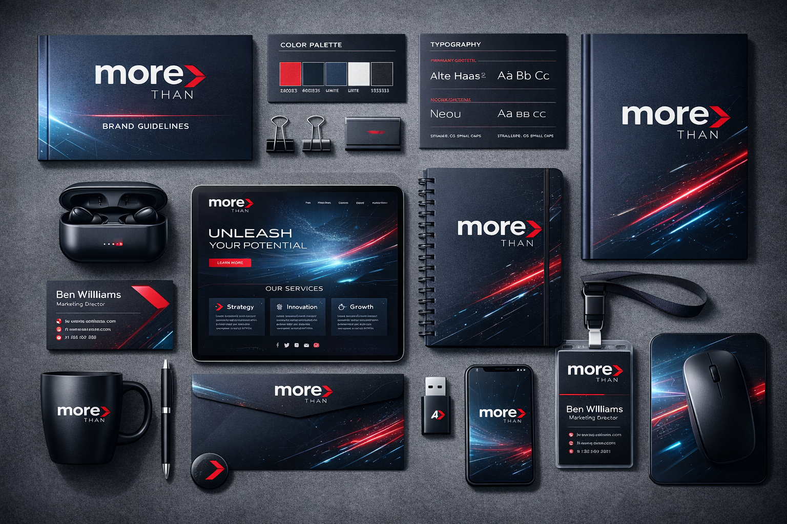 AI-generated brand kit mockup for MoreThan